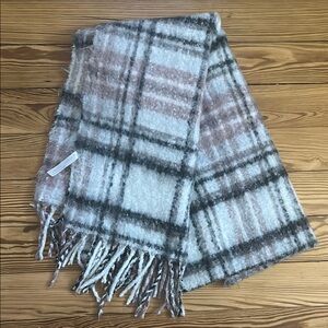 UO Plaid Fringe Scarf in Gray and Pink